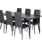 Zlatý rozkládací stůl - 180/220*85*H76 Černá dýha - Černé nohy - Mosazné detaily+Slim High Back Jídelní židle - Černé nohy - Černá PU_6