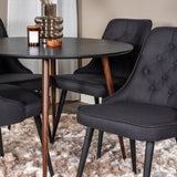 Kulatý stůl Plaza 100 cm - Černá deska - Ořechové nohy+Velvet Deluxe Jídelní židle - Černé nohy - Černá Fabric_4