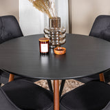 Kulatý stůl Plaza 100 cm - Černá deska - Ořechové nohy+Velvet Deluxe Jídelní židle - Černé nohy - Černá Fabric_4