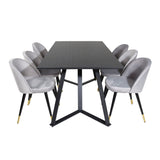 Jídelní stůl Marina - černá deska / černé nohy + sametová jídelní židle mosaz - světle šedá / černá_6