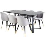 Jídelní stůl Marina - černá deska / černé nohy + sametová jídelní židle mosaz - světle šedá / černá_6