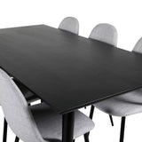Jídelní stůl Dipp - 180*90cm - Černá dýha / celé černé nohy - Jídelní židle Polar - Černé nohy - Světle šedá látka 6