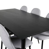 Jídelní stůl Dipp - 180*90cm - Černá dýha / celé černé nohy - Jídelní židle Polar - Černé nohy - Světle šedá látka 6