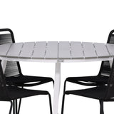 Break - Jídelní stůl kulatý - Bílá / Šedá - Alu / Aintwood - 120ø _1+ Lindos Stohovací židle - Černá Alu / Černé lano _4