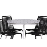 Break - Jídelní stůl kulatý - Bílá / Šedá - Alu / Aintwood - 120ø _1+ Lindos Stohovací židle - Černá Alu / Černé lano _4