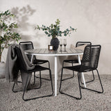 Break - Jídelní stůl kulatý - Bílá / Šedá - Alu / Aintwood - 120ø _1+ Lindos Stohovací židle - Černá Alu / Černé lano _4