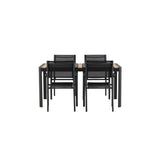 Togo - Jídelní stůl - Černá / Teak - Allu / Teak - 150*100 _1+ křeslo Santorini (stohovatelné) - Černá alu / Černá textilie _4