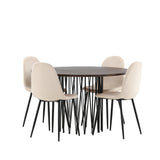 Kamenný kulatý jídelní stůl - černá / mocca dýha + jídelní židle Polar - černé nohy / béžový samet _4