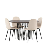 Kamenný kulatý jídelní stůl - černá / mocca dýha + jídelní židle Polar - černé nohy / béžový samet _4