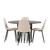 Kamenný kulatý jídelní stůl - černá / mocca dýha + jídelní židle Polar - černé nohy / béžový samet _4