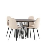 Kamenný kulatý jídelní stůl - černá / mocca dýha + jídelní židle Polar - černé nohy / béžový samet _4