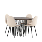 Kamenný kulatý jídelní stůl - černá / mocca dýha + jídelní židle Polar - černé nohy / béžový samet _4