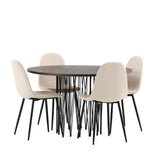 Kamenný kulatý jídelní stůl - černá / mocca dýha + jídelní židle Polar - černé nohy / béžový samet _4