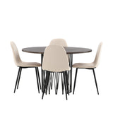 Kamenný kulatý jídelní stůl - černá / mocca dýha + jídelní židle Polar - černé nohy / béžový samet _4