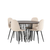 Kamenný kulatý jídelní stůl - černá / mocca dýha + jídelní židle Polar - černé nohy / béžový samet _4