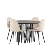 Kamenný kulatý jídelní stůl - černá / mocca dýha + jídelní židle Polar - černé nohy / béžový samet _4