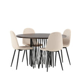 Kamenný kulatý jídelní stůl - černá / mocca dýha + jídelní židle Polar - černé nohy / béžový samet _4