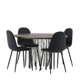 Kamenný kulatý jídelní stůl – černá / mocca dýha + jídelní židle Polar – černé nohy – černá látka _4