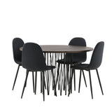 Kamenný kulatý jídelní stůl – černá / mocca dýha + jídelní židle Polar – černé nohy – černá látka _4