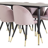 Dipp Jídelní stůl - 180*90cm - Černá dýha / černé nohy s mosazným dipp - Sametová jídelní židle Mosaz - Růžová / Černá 6