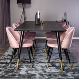 Dipp Jídelní stůl - 180*90cm - Černá dýha / černé nohy s mosazným dipp - Sametová jídelní židle Mosaz - Růžová / Černá 6