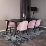 Dipp Jídelní stůl - 180*90cm - Černá dýha / černé nohy s mosazným dipp - Sametová jídelní židle Mosaz - Růžová / Černá 6