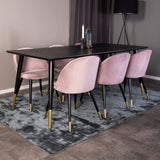 Dipp Jídelní stůl - 180*90cm - Černá dýha / černé nohy s mosazným dipp - Sametová jídelní židle Mosaz - Růžová / Černá 6