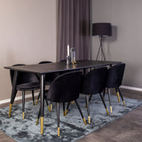 Dipp jídelní stůl - 180*90cm - Černá dýha / černé nohy s mosazným dipp - Sametová jídelní židle Mosaz - Černá / Černá 6