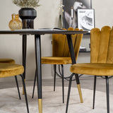 Jídelní stůl Dipp - 115 cm - Černá dýha / černé nohy s mosazným dippem + Limhamn Light - Židle - Gold Velvet_4