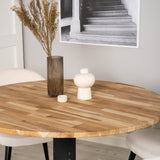 Kruhový stůl Cirebon - 100 cm - Teak / Černá + Sametová jídelní židle - Černé nohy /