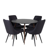 Kulatý stůl Plaza 100 cm - Černá deska - Ořechové nohy+Velvet Deluxe Jídelní židle - Černé nohy - Černá Fabric_4