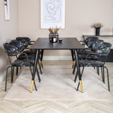 Jídelní stůl Dipp - 180*90cm - Černá / Černá mosaz+Šípové křeslo - Černé nohy - Černá květina s potiskem Fabric_6