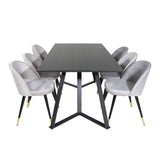 Jídelní stůl Marina - černá deska / černé nohy + sametová jídelní židle mosaz - světle šedá / černá_6