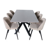 Jídelní stůl Piazza – černá / šedá dýha + židle se sametovými stehy – černá / béžová látka (polyesterové prádlo)_6