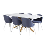 Piazza Matbord - Ek-look / Vit - 180*90*75 +Velvetová jídelní židle - Bílé nohy - Modrá látka _6
