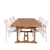 Jídelní stůl Kenya 195/295*110*H75 - Teak+Santorini křeslo (stohovatelné) - Whi