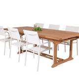 Jídelní stůl Kenya 195/295*110*H75 - Teak+Santorini křeslo (stohovatelné) - Whi