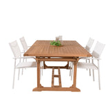 Jídelní stůl Kenya 195/295*110*H75 - Teak+Santorini křeslo (stohovatelné) - Whi
