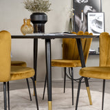 Jídelní stůl Dipp - 115 cm - Černá dýha / černé nohy s mosazným dippem + Limhamn Light - Židle - Gold Velvet_4