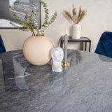 Kulatý jídelní stůl Estelle 106 cm šedý mramor / černé nohy - sametová židle Deluxe - modrá/matná mosaz noha 4