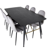 Zlatý rozkládací stůl - 180/220*85*H76 Černá dýha - Černé nohy - Mosazné detaily+Jídelní židle Polar - Černé nohy / Světle šedý samet (ersätter 19902-885)_6