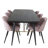 Zlatý rozkládací stůl - 180/220*85*H76 Černá dýha - Černé nohy - Mosazné detaily+Sametová jídelní židle Manšestr - Růžová / Černá_6