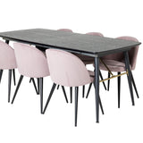 Zlatý rozkládací stůl - 180/220*85*H76 Černá dýha - Černé nohy - Mosazné detaily+Sametová jídelní židle Manšestr - Růžová / Černá_6