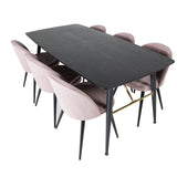 Zlatý rozkládací stůl - 180/220*85*H76 Černá dýha - Černé nohy - Mosazné detaily+Sametová jídelní židle Manšestr - Růžová / Černá_6