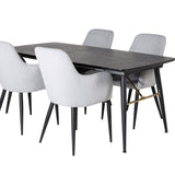 Zlatý prodlužovací stůl - 180/220*85*H76 Černá dýha - Černé nohy - Mosazné detaily +Jídelní židle Komfort - Černé nohy / Světle šedá Manšestr _4