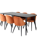 Jídelní stůl Dipp - 180*90cm - Černá dýha / celé černé nohy + Sametová jídelní židle - Oranžová / Černá_6