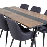 Jídelní stůl v Jakartě. 200*90*H75 - Tmavý týk / Černá+Plaza Jídelní židle - Černé nohy - Black Fabric_6