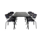 Jídelní stůl Dipp - 180*90cm - Černá dýha / celé černé nohy - Křeslo Arrow - Černé nohy - Černá květina s potiskem Látka 6