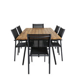 Jídelní stůl Chan – černá ocel / akácie (vzhled teak) – 200 cm + křeslo Santorini (stohovatelné) – černá alu / černá textilie_6