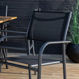 Jídelní stůl Chan – černá ocel / akácie (vzhled teak) – 200 cm + křeslo Santorini (stohovatelné) – černá alu / černá textilie_6